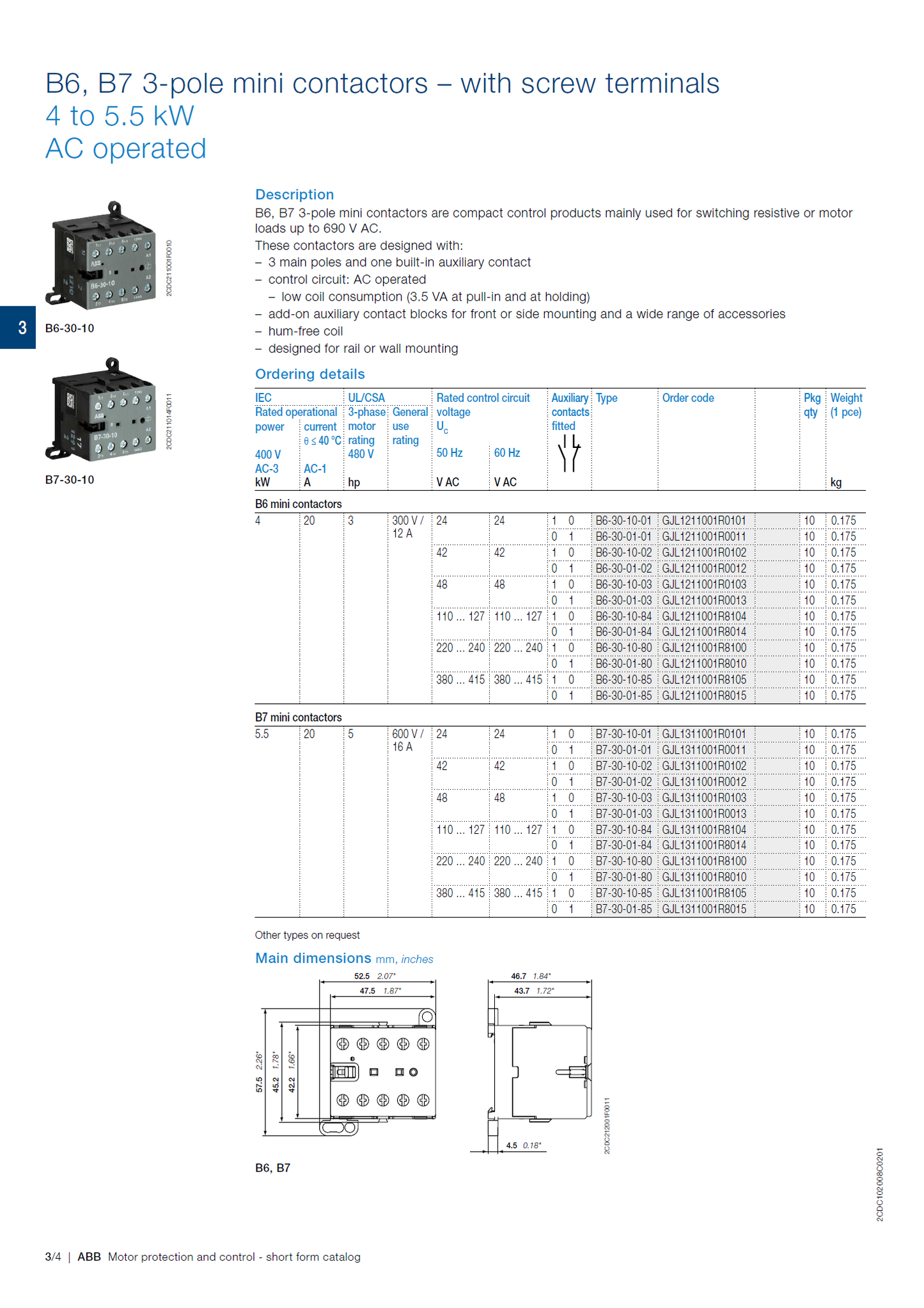 ABB B6, B7 series mini contactors base: VB7A-30-01
