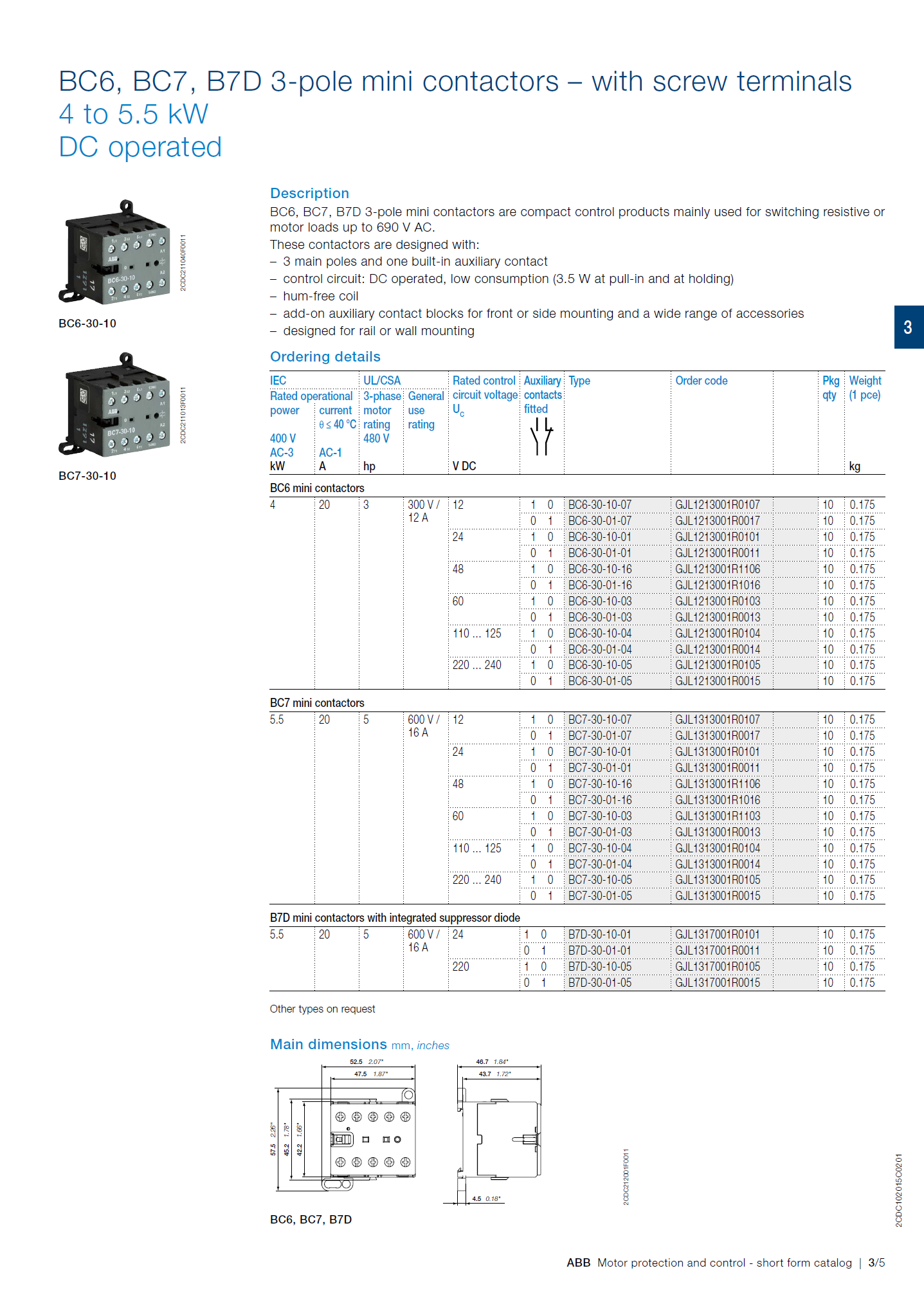 ABB B6, B7 series mini contactors base: VB7A-30-01
