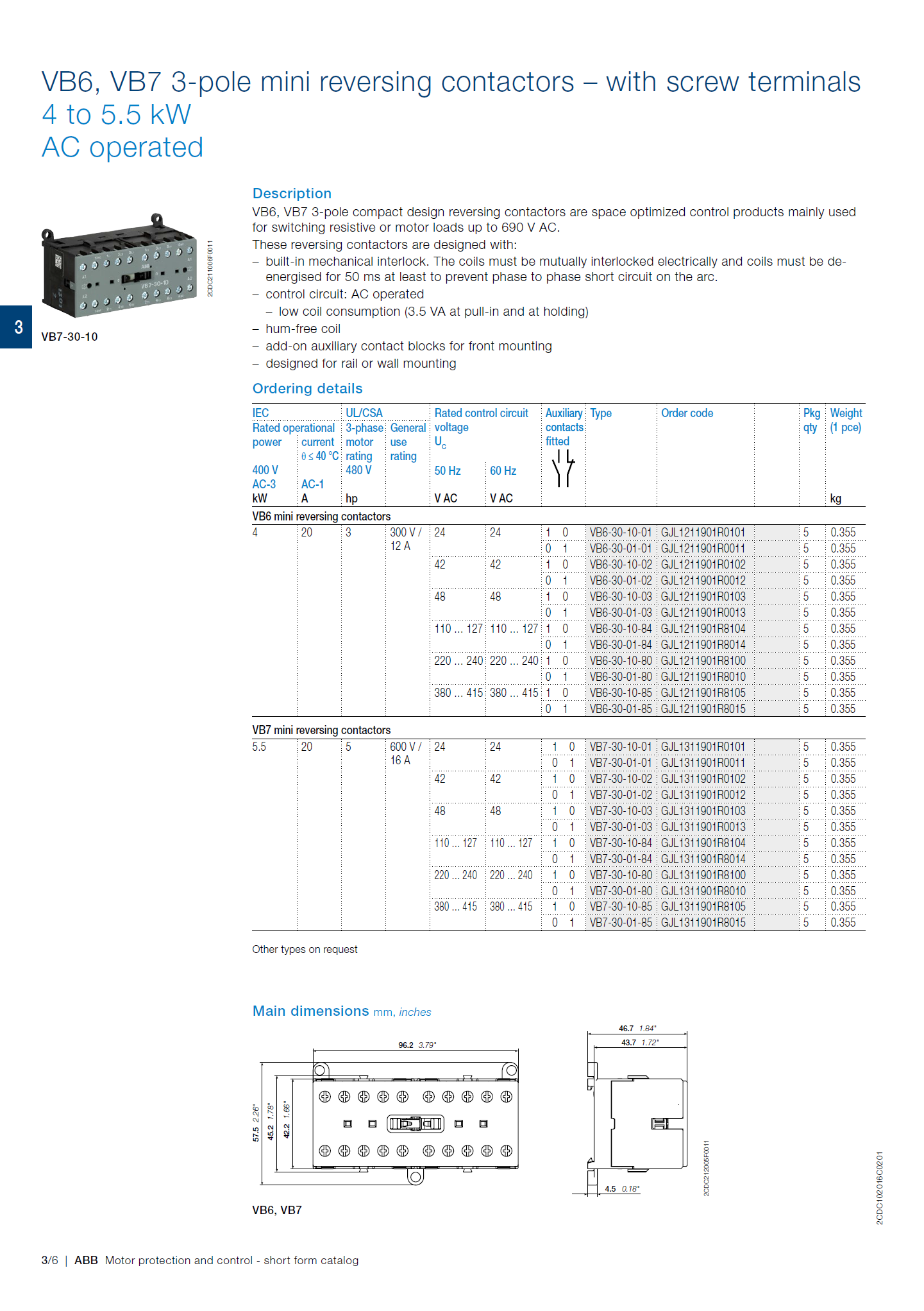 ABB B6, B7 series mini contactors base: VB7A-30-01