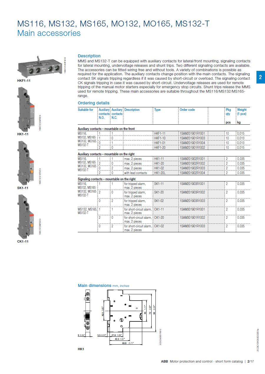 ABB Manual Motor Starter Accessories SK1-11 Signaling Contact