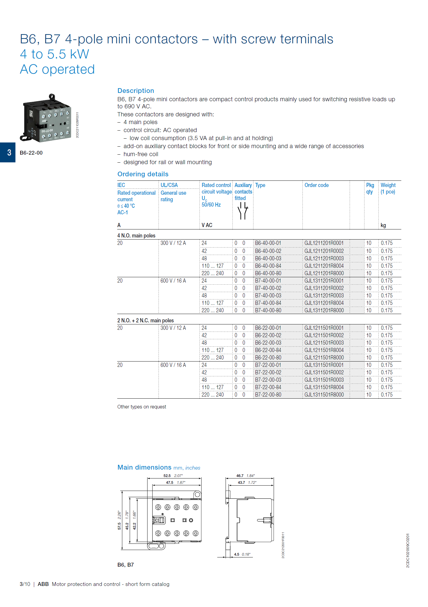 ABB B6, B7 series mini contactors: IEC/EN 60947-4-1