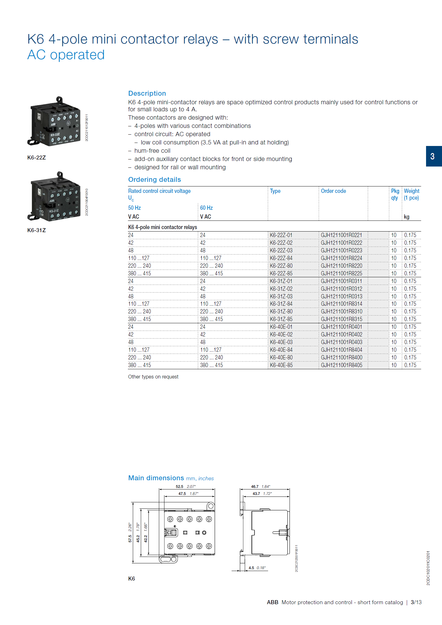 ABB B6, B7 series mini contactors: IEC/EN 60947-4-1