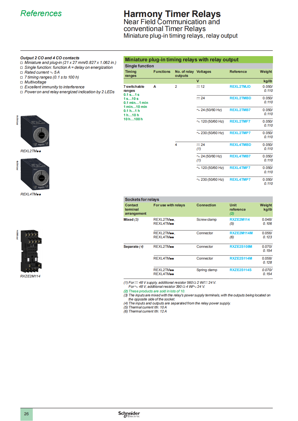 Schneider Harmony Timer Relays: REXL2TMP7, on delay 0.1s..100h/230V AC