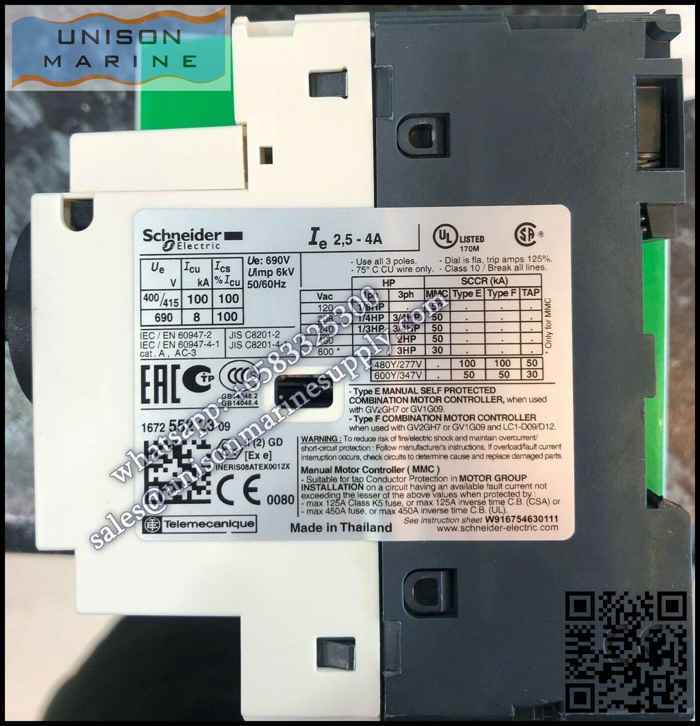 Schneider GV2 Motor circuit breaker: GV2P08, 2.5 to 4.0A thermal magnetic