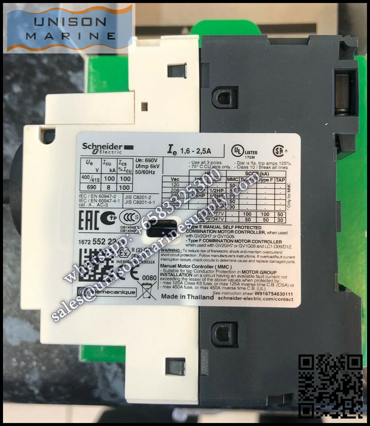 Schneider GV2 Motor circuit breaker: GV2P07, 1.6 to 2.5A thermal magnetic
