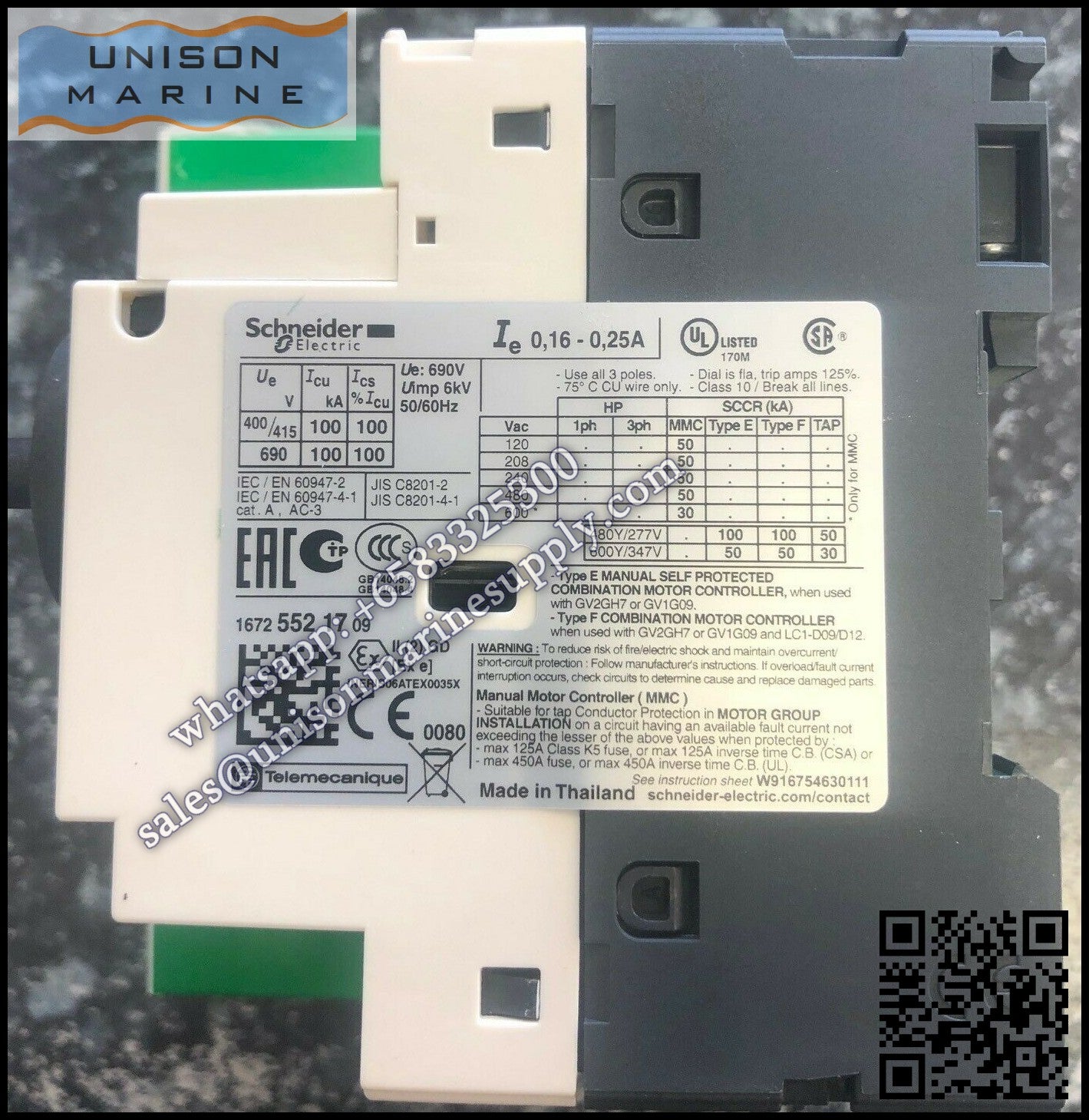 Schneider GV2 Motor circuit breaker: GV2P02, 0.16 to 0.25A thermal magnetic