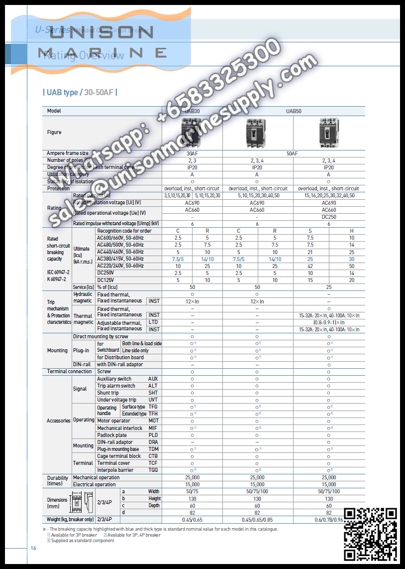 Hyundai Marine Circuit Breaker (MCCB) - UAB50C 2P Fixed / Plug-in Type