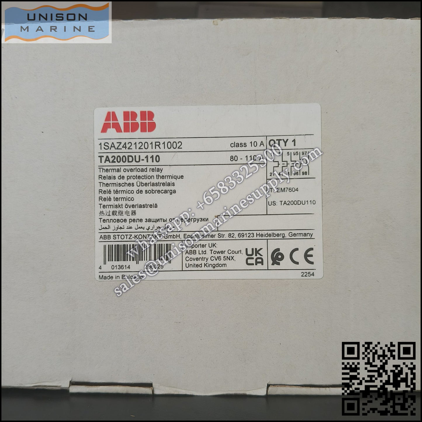 ABB Thermal Overload Relay 1 NO/1 NC:TA200DU-110（80...110A）,1SAZ421201R1002