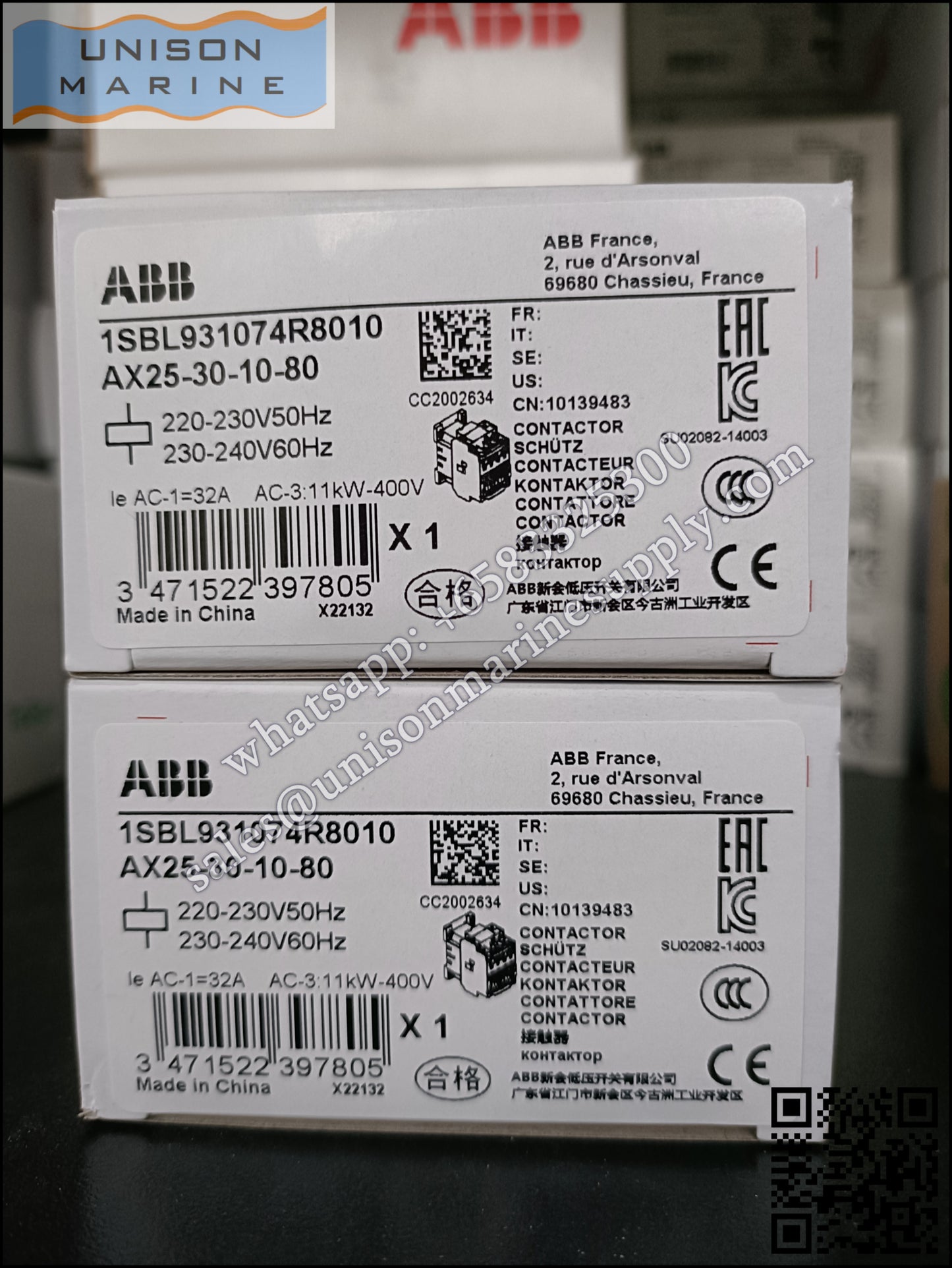 ABB Magnetic Contactors AX Series : AX25-30-10-80*220-230V50Hz/230-240V60Hz,1SBL931074R8010