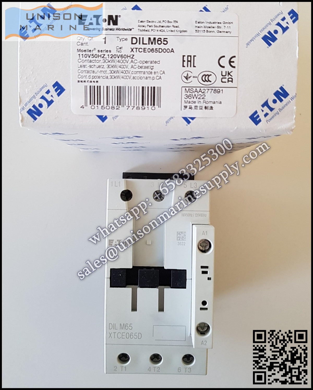 Eaton DILM Contactor, DILM65-10 110V 50Hz/120 60Hz Coil  3-Pole