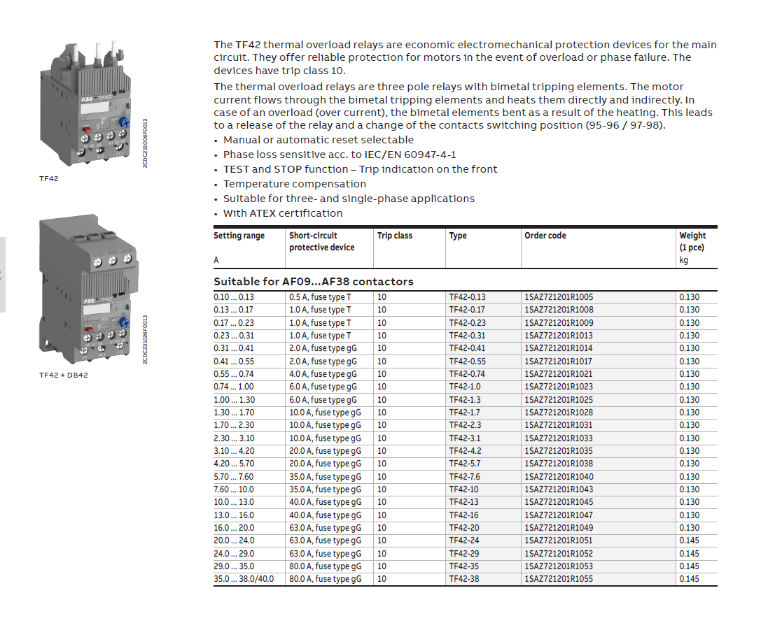 ABB Thermal Overload Relay 1 NO/1 NC:TF42-3.1（2.3... 3.1A）,1SAZ721201R1033