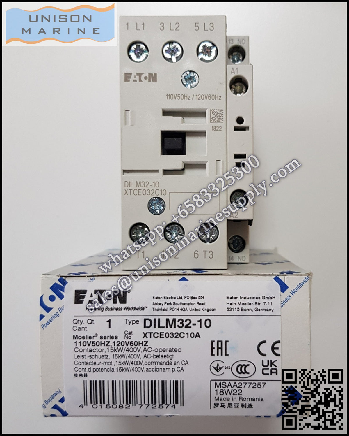 Eaton DILM Contactor, DILM32-10 110V 50Hz/120 60Hz Coil  3-Pole