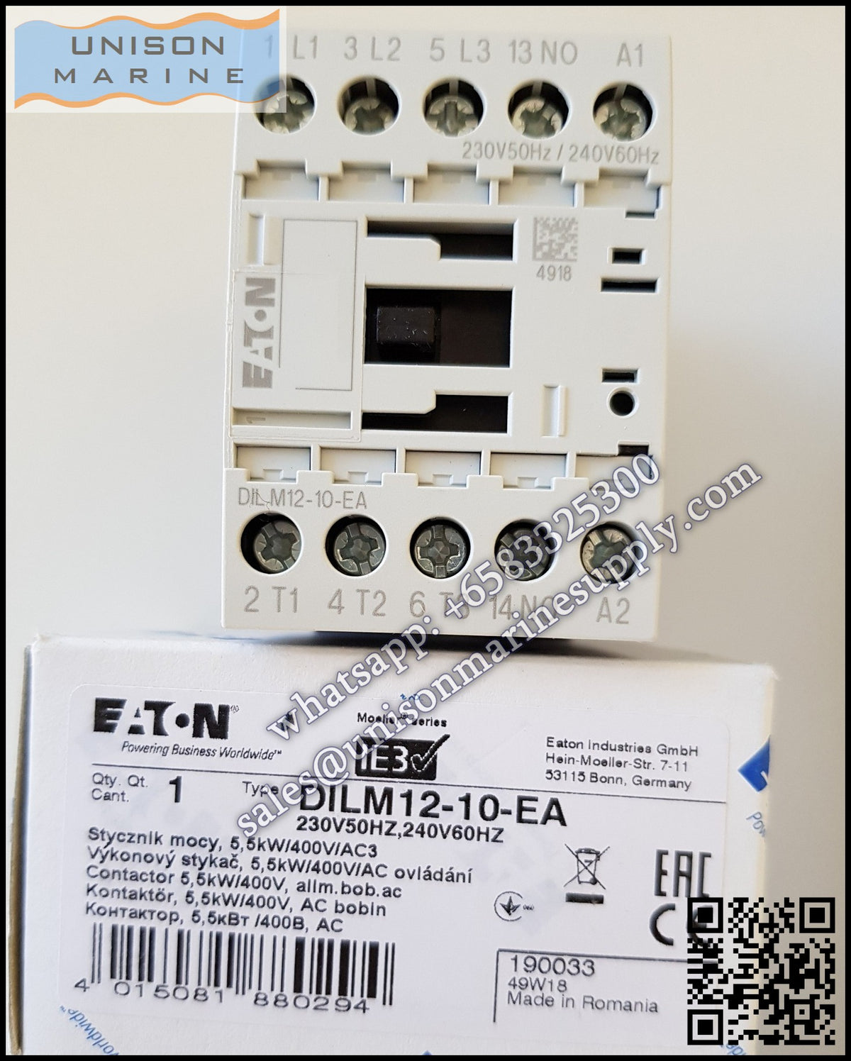 Eaton DILM Contactor, DILM12-10 230V 50Hz/24060Hz Coil  3-Pole