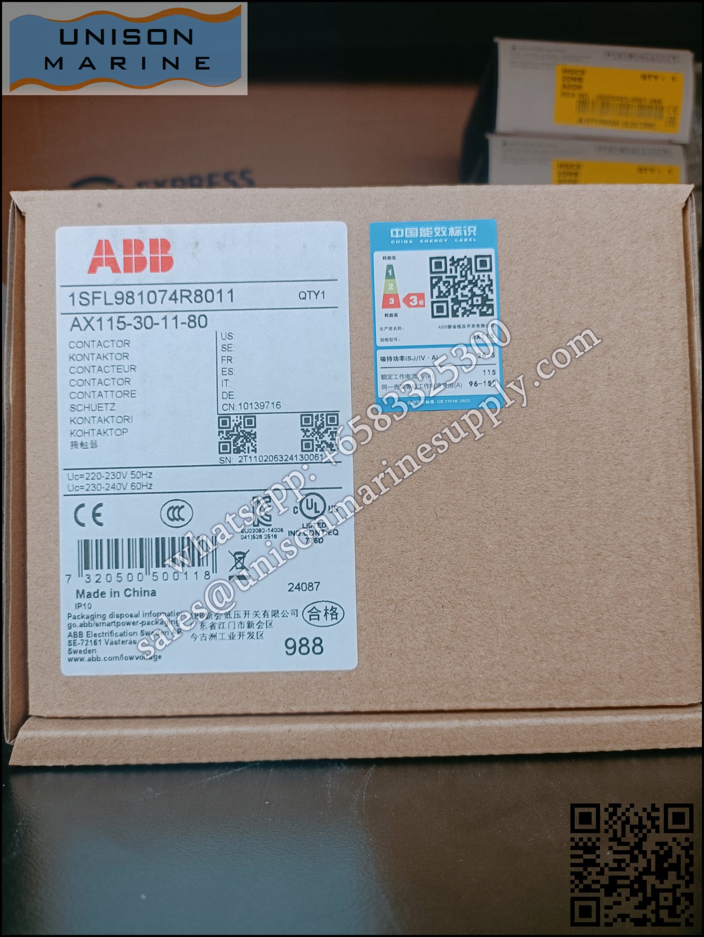 ABB Magnetic Contactors AX Series :AX115-30-11-80*220-230V50Hz/230-240V60Hz,1SFL981074R8011