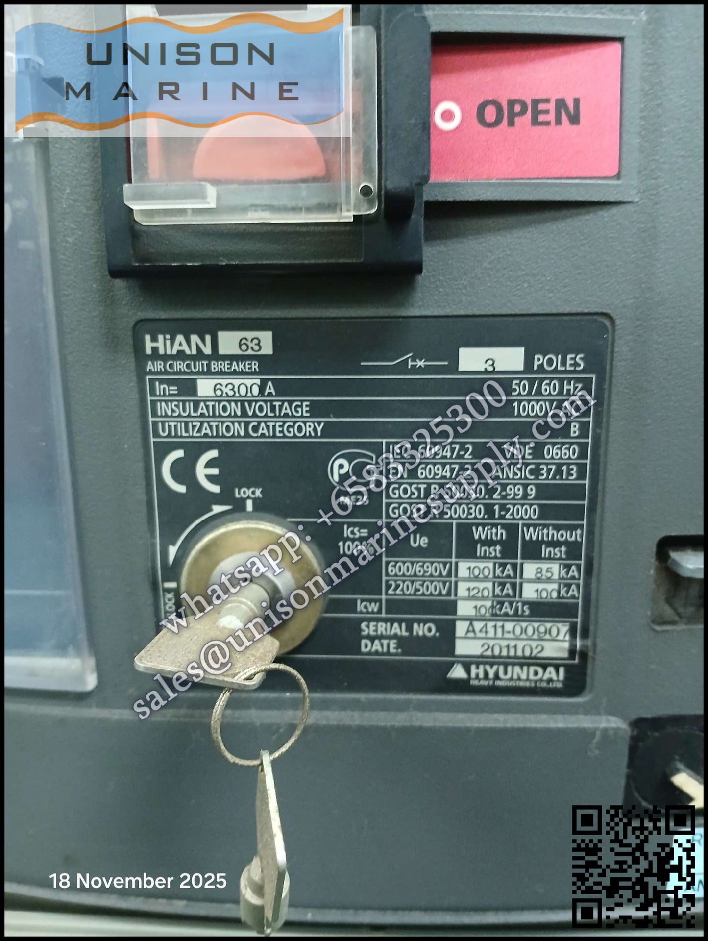 Hyundai Marine Air Circuit Breakers(ACB) ：HiAN63 3P Draw-out Type