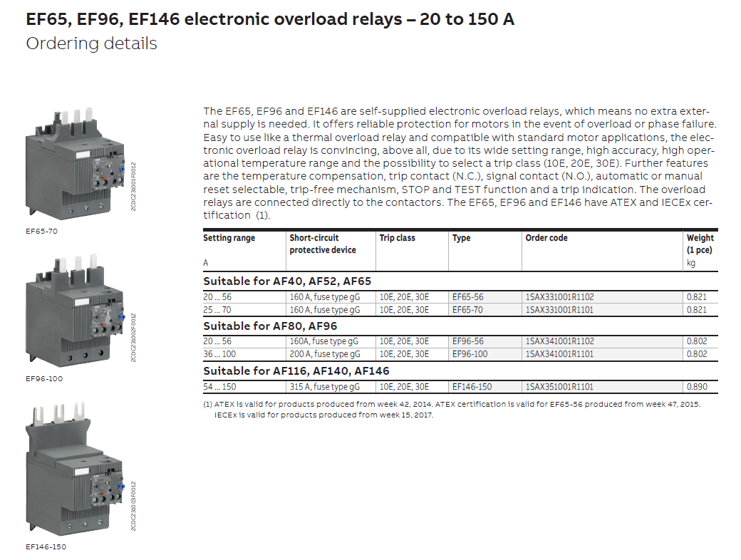 ABB electronic overload relays:EF146-150（54...150A）,1SAX351001R1101