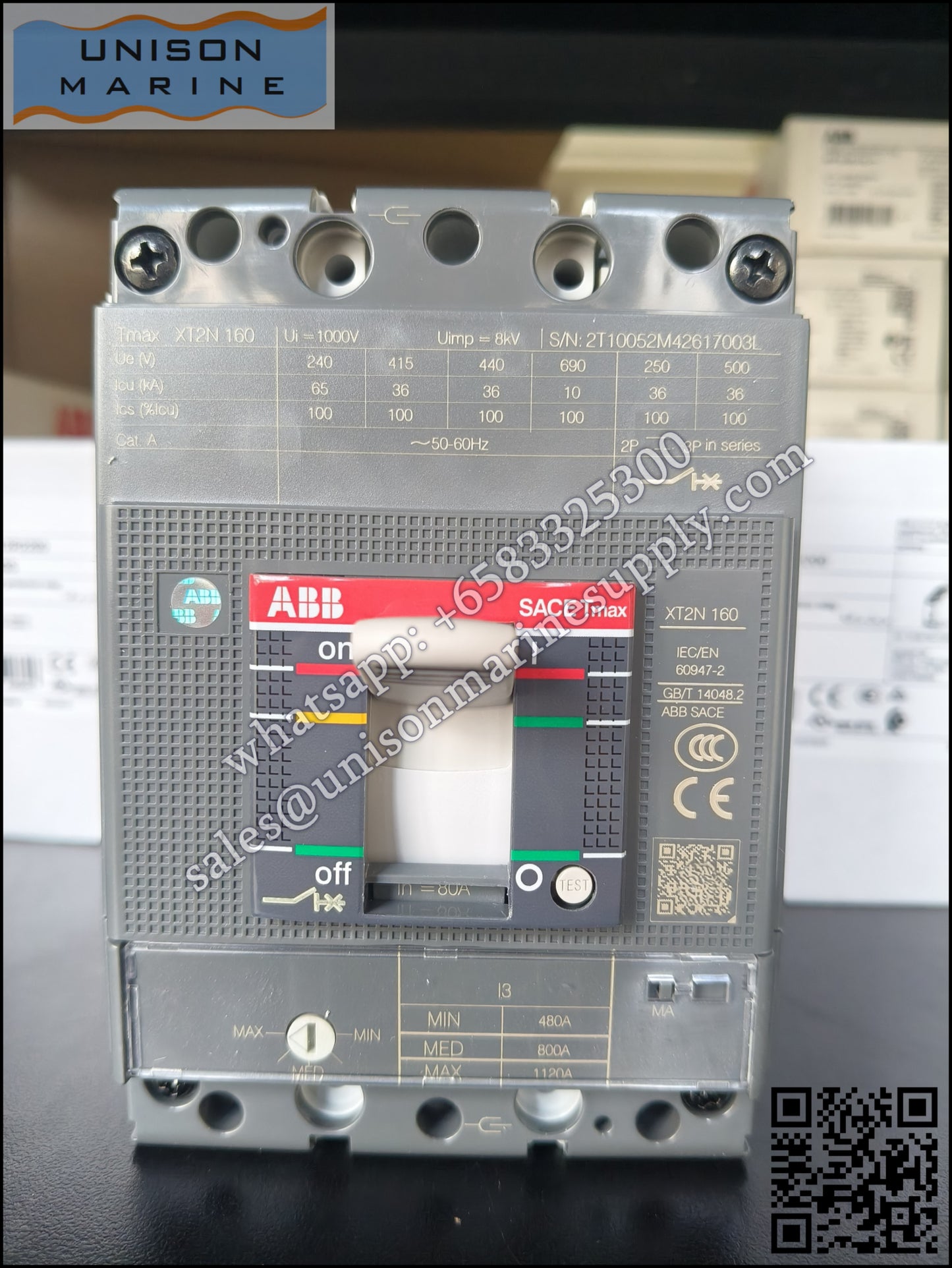 ABB SACE Tmax XT Circuit Breakers: XT2N 160 MA 80 Im=480-120 3p FF,1SDA067052R1