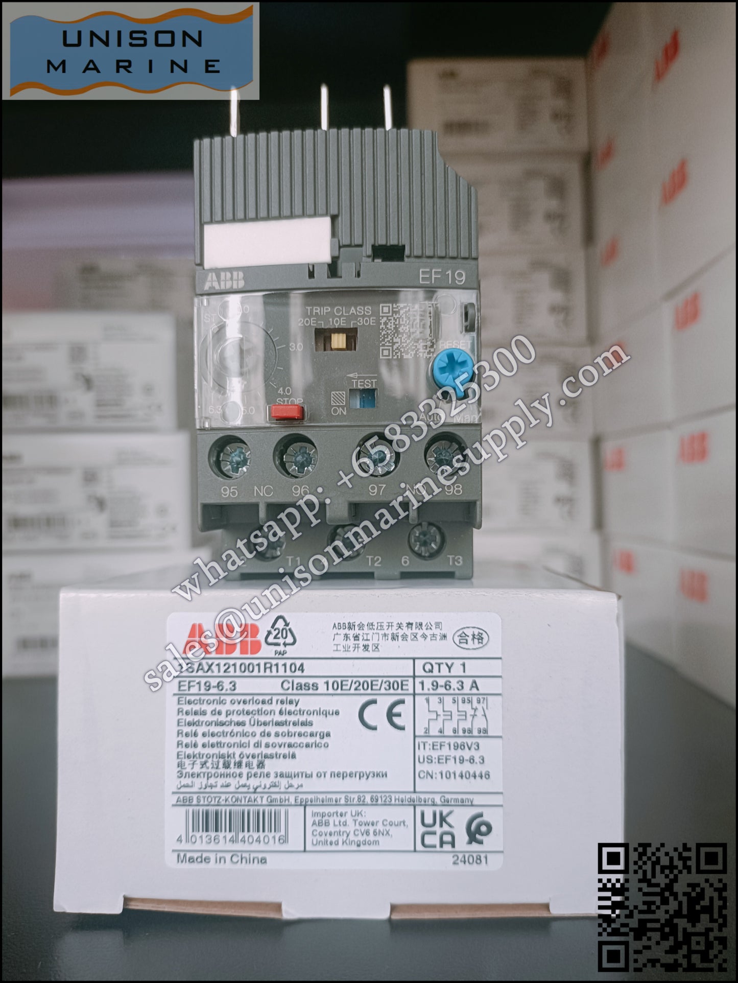 ABB electronic overload relays: EF19-6.3（1.9...6.3A）,1SAX121001R1104