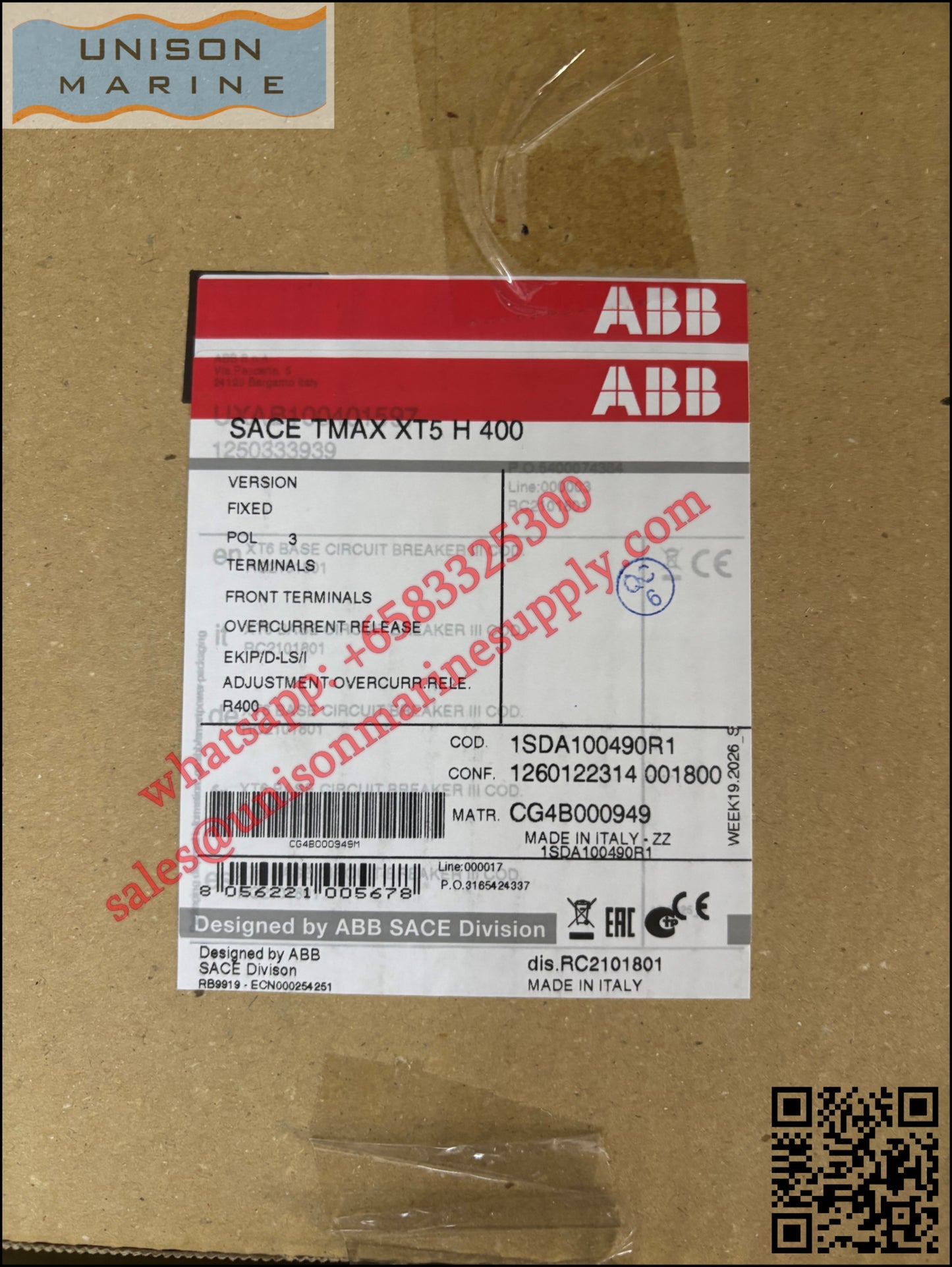 ABB SACE Tmax XT Circuit Breakers: XT5H 400 Ekip Dip LS/I In=400 3p F F, 1SDA100490R1