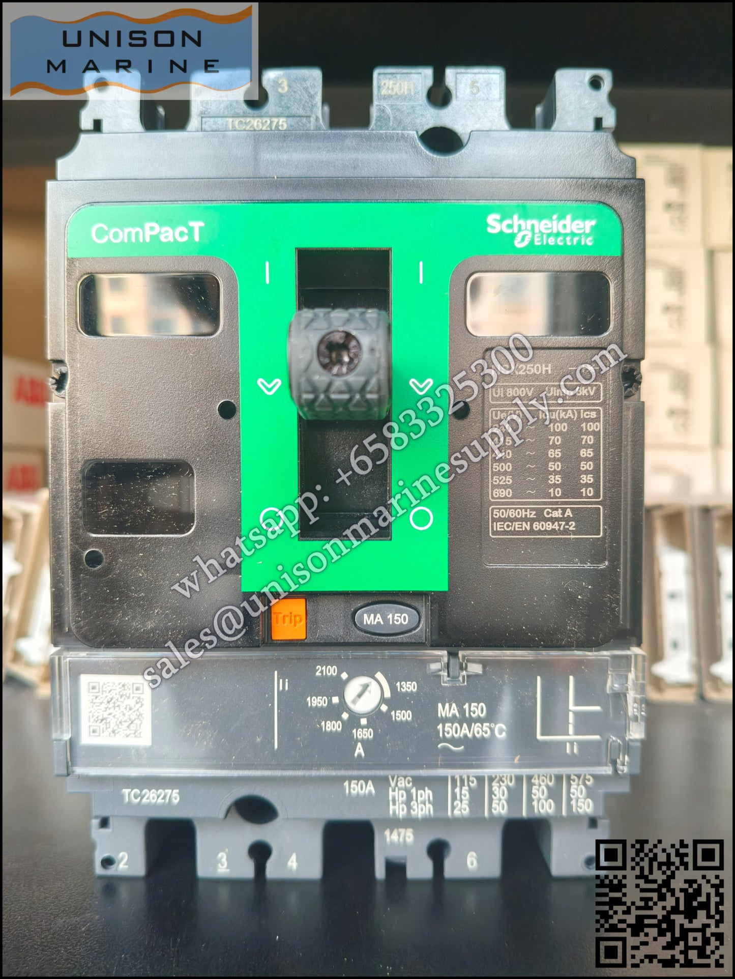 Schneider Electric circuit breaker：NSX250H, 70kA at 415VAC, MA trip unit 150A；C25H3MA150