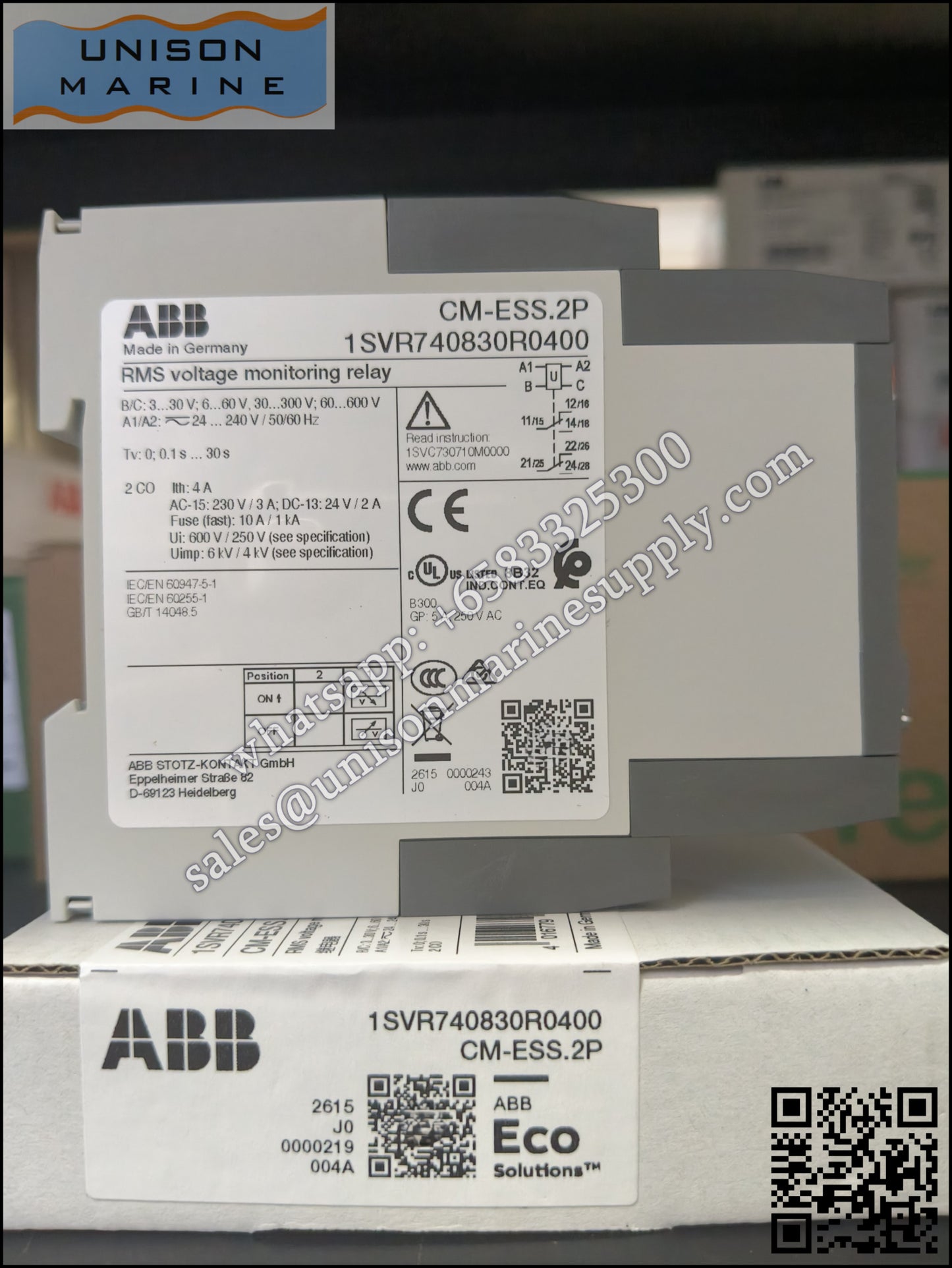 ABB single-functional voltage monitoring relay CM-ESS.2P, 2c/o, 3-600V, 220-240VAC