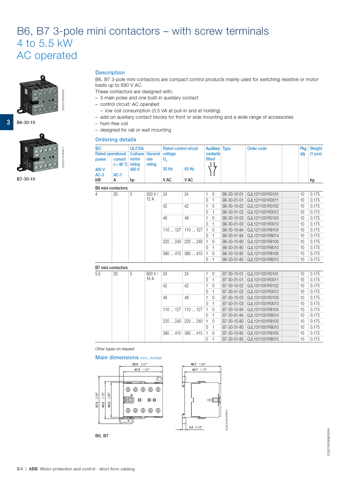 ABB B6, B7 series mini contactors: B7-22-00
