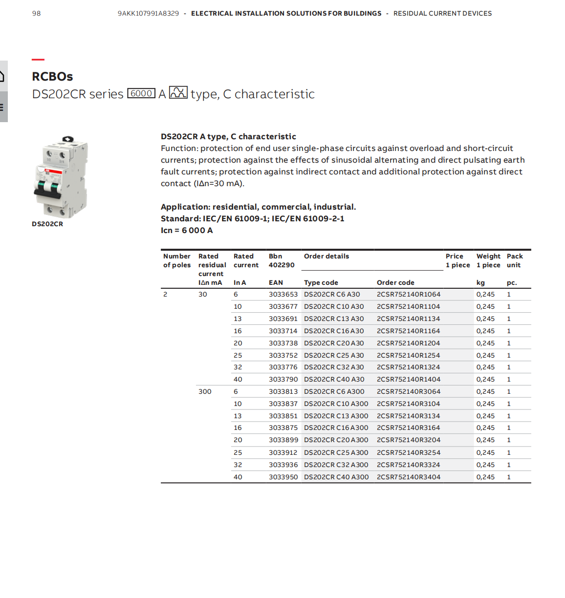 ABB Residual Current Circuit Breaker with Overcurrent Protection: DS202CRC16 A30, 2CSR752140R1164