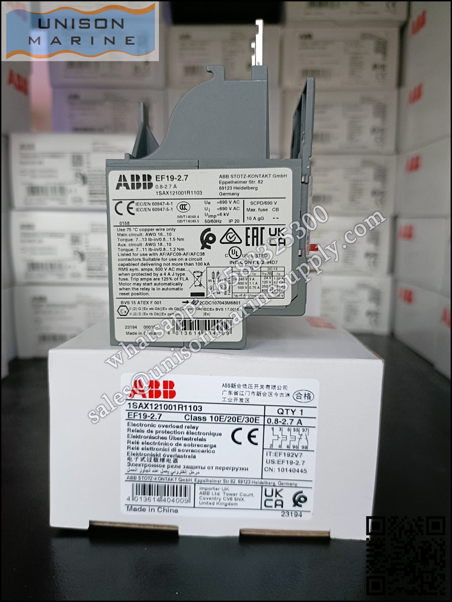 ABB electronic overload relays: EF19-2.7（0.8...2.7A）,1SAX121001R1103