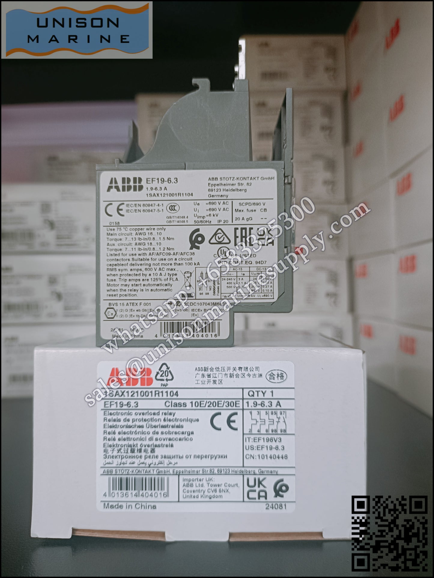 ABB electronic overload relays: EF19-6.3（1.9...6.3A）,1SAX121001R1104