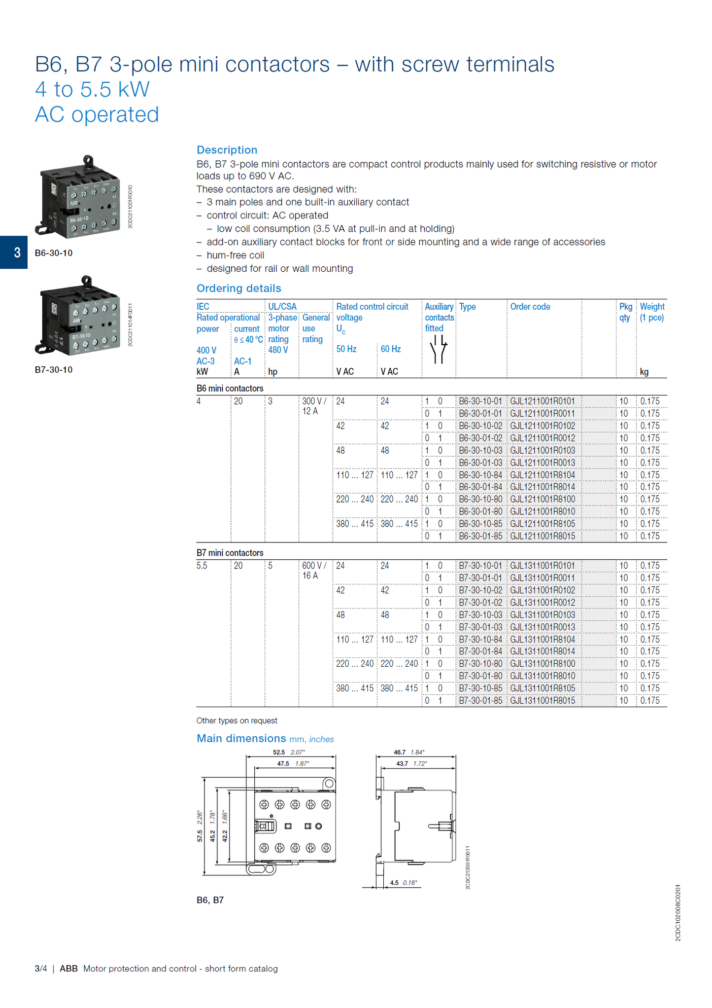 ABB B6, B7 series mini contactors: B6S-30-01-1.7 / GJL1213001R7011