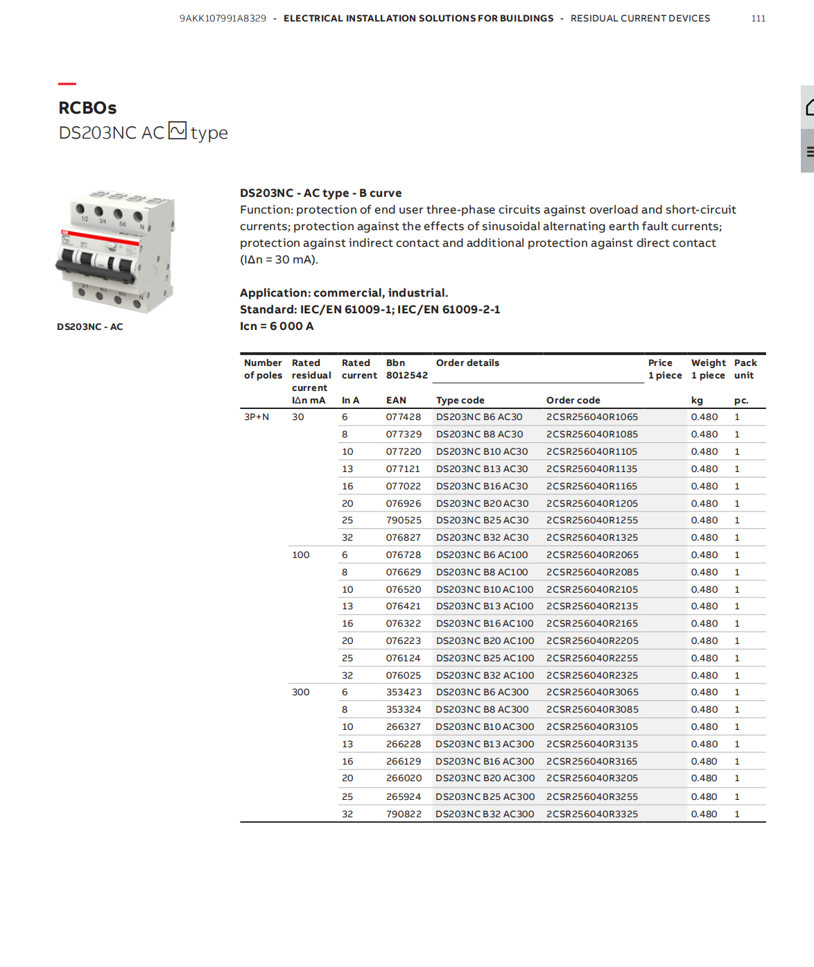 ABB Residual Current Circuit Breaker with Overcurrent Protection: DS203NC C32 A30, 2CSR256140R1324