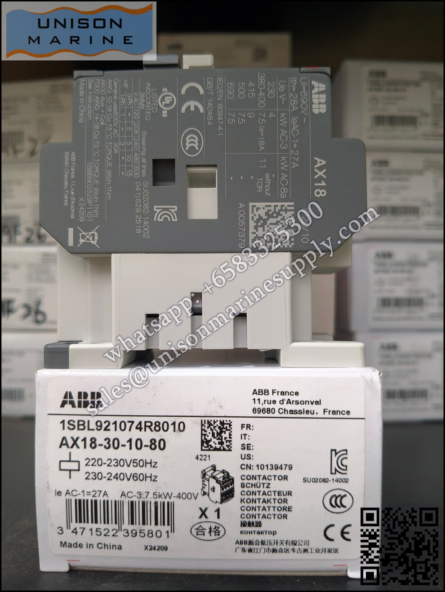 ABB Magnetic Contactors AX Series :  AX18-30-10-80*220-230V50Hz/230-240V60Hz,1SBL921074R8010