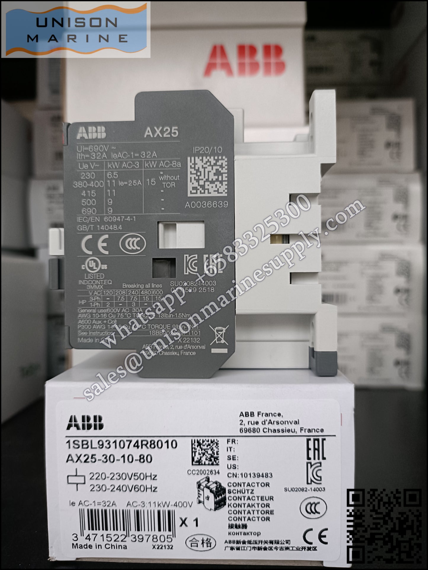 ABB Magnetic Contactors AX Series : AX25-30-10-80*220-230V50Hz/230-240V60Hz,1SBL931074R8010