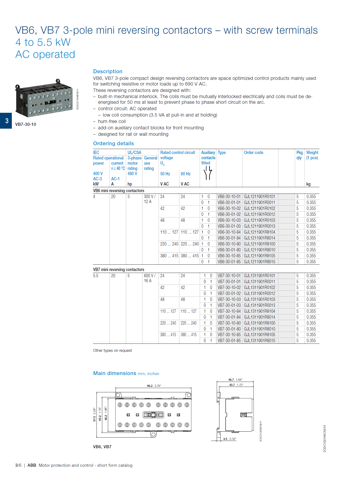 ABB B6, B7 series mini contactors: BC6-30-01-F
