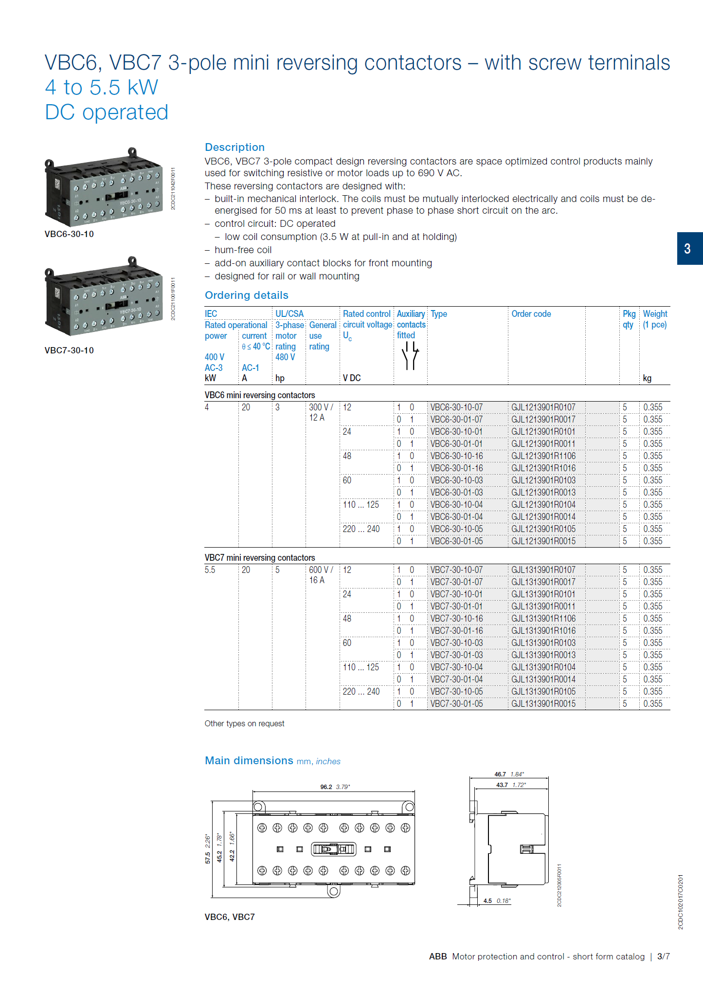 ABB B6, B7 series mini contactors base: VB7A-30-01