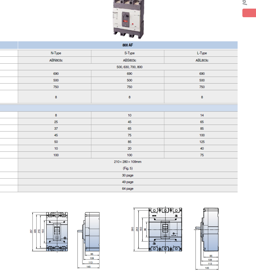 LS Metasol marine circuit breaker- TD100H 3P FMU100,80A Fixed / Plug-in Type