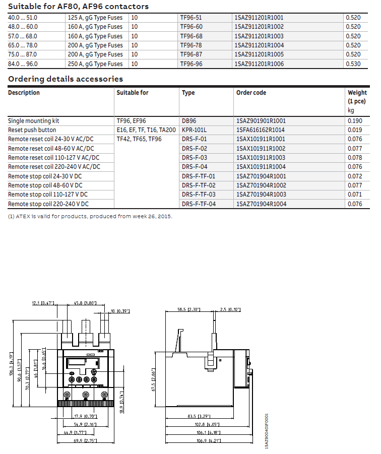 ABB Thermal Overload Relay 1 NO/1 NC:TF96-87（75...87A）,1SAZ911201R1005