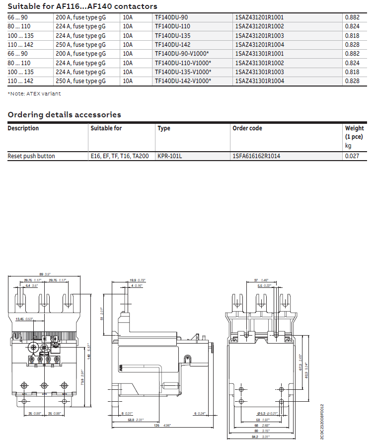 ABB Thermal Overload Relay 1 NO/1 NC:TF140DU-135（100...135A）,1SAZ431201R1003
