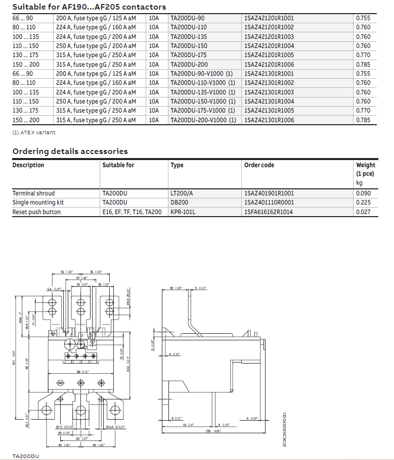 ABB Thermal Overload Relay 1 NO/1 NC:TA200DU-200（150...200A）,1SAZ421201R1006