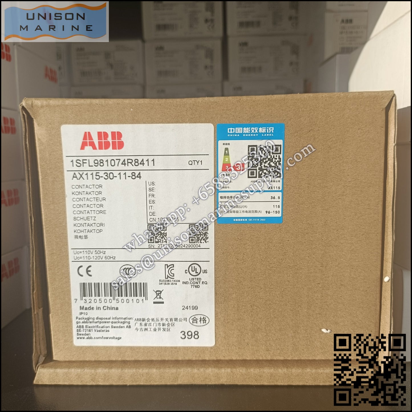 ABB Magnetic Contactors AX Series :AX115-30-11-84*110V 50Hz/110-120V 60Hz,1SFL981074R8411